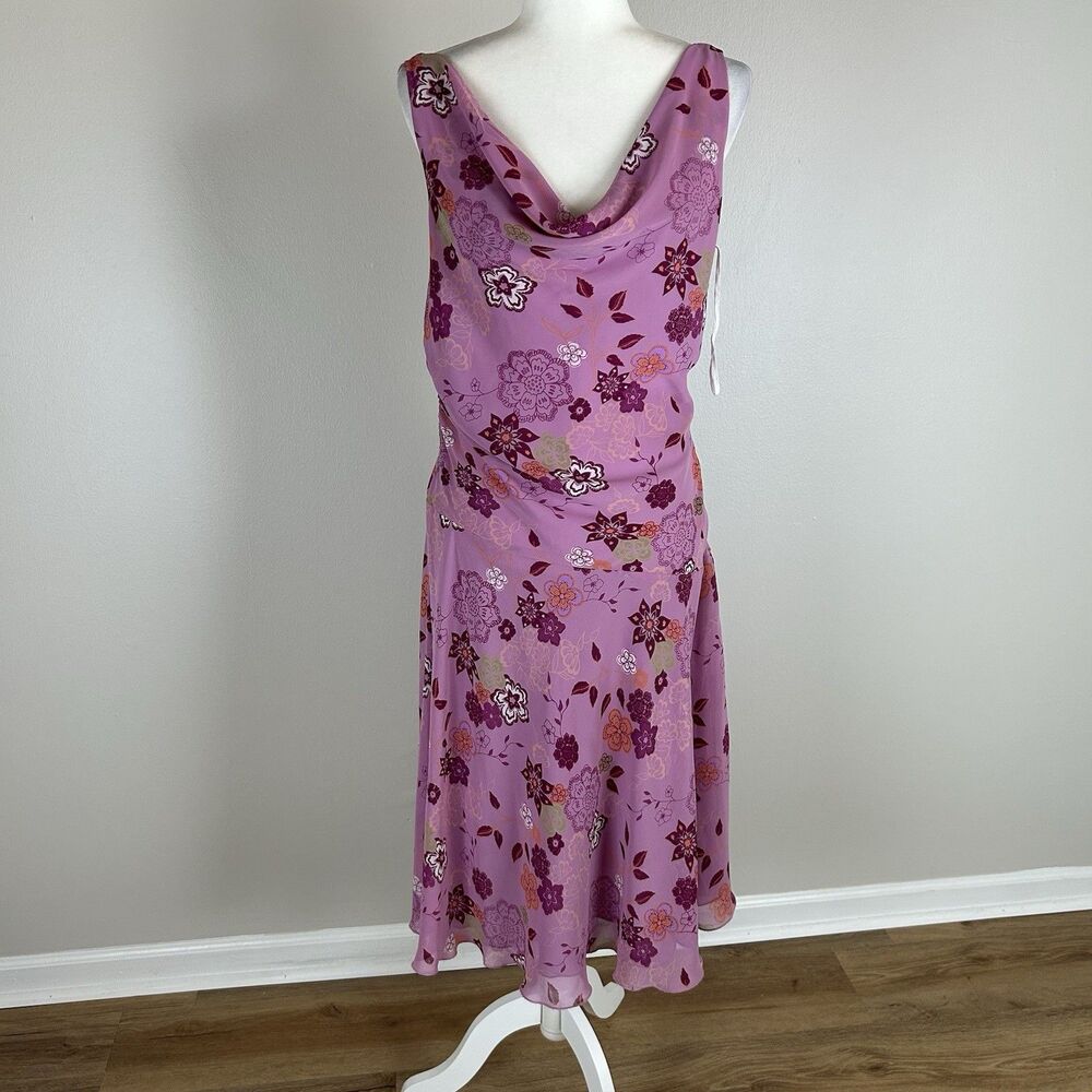 Fairy Midi 12 L Dress Cowl Floral Chiffon Ruched Purple Boho Y2K Whimsy Asymm